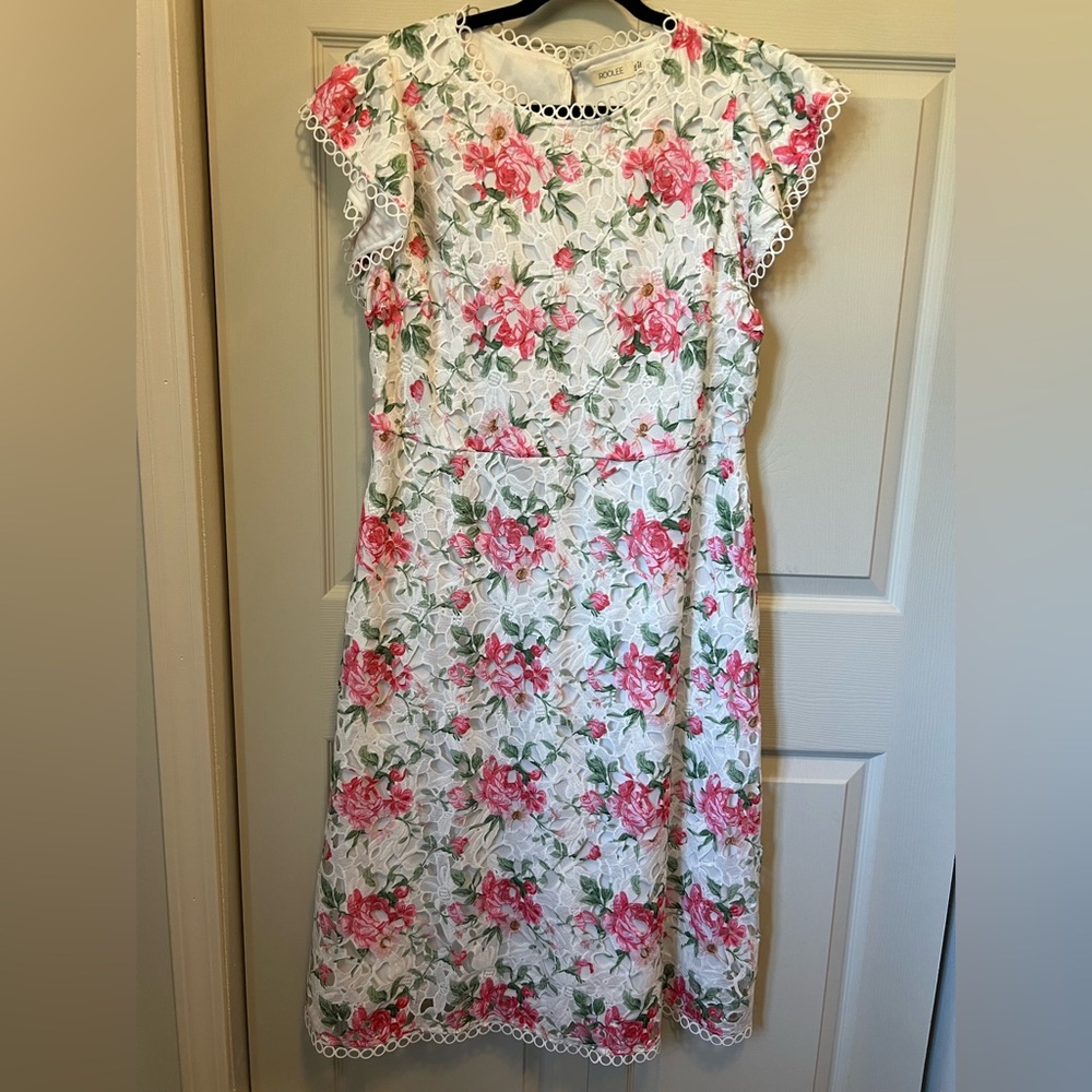 Roolee Floral Lace Midi Dress in Pink and Green